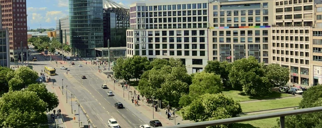 Modern city street with office buildings